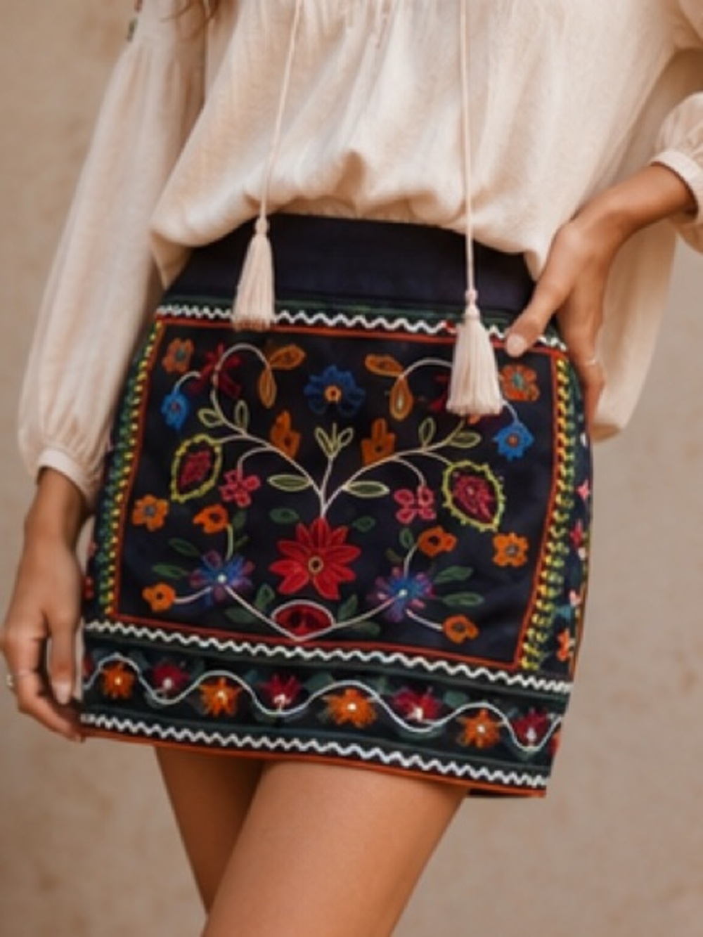 Ally Colorful Embroidered Floral Black Mini Skirt Size 8